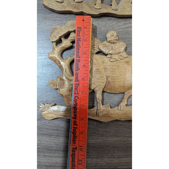 Hand-Carved Wooden Wall Decor Rustic Man On Oxen Scene 10" Chinese Asian Farmhou - Picture 6 of 7